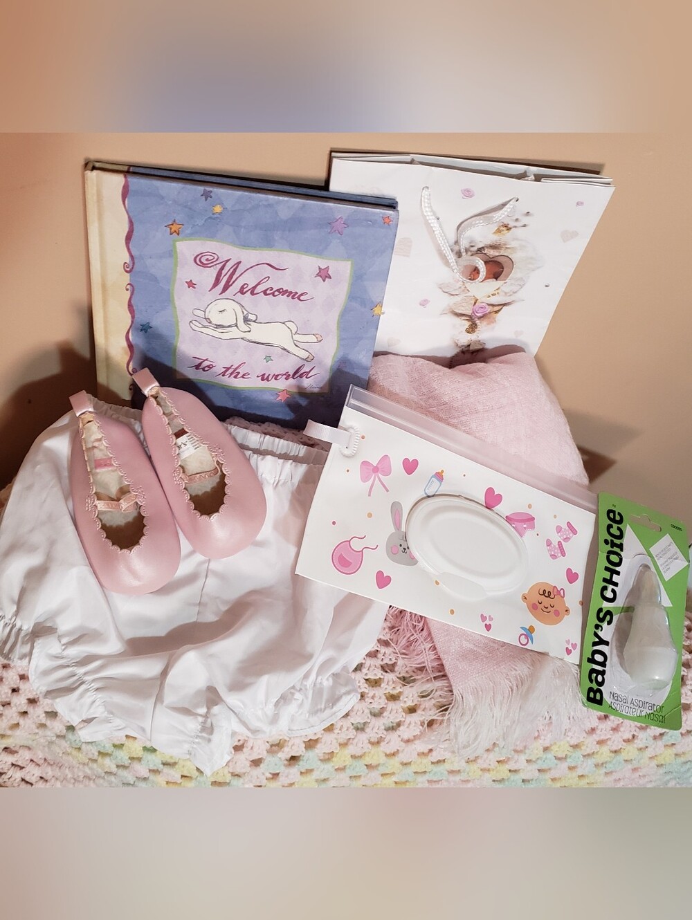 Baby Book,Pink Ballet Shoes,White Bloomers,Pink Blanket,Wipes Holder,and Nasal A